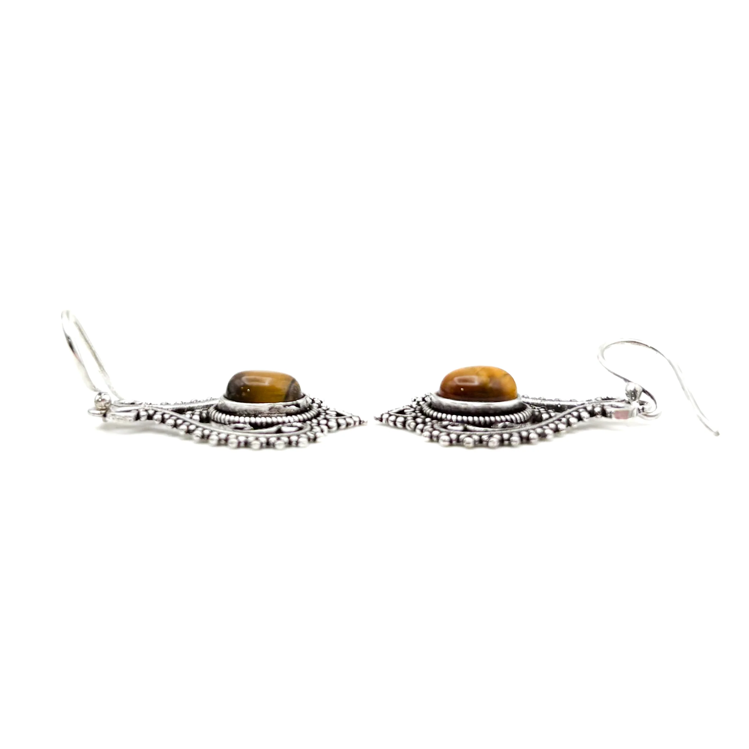Tiger's Eye Heart Doily Lace White Brass Earrings - Image 7