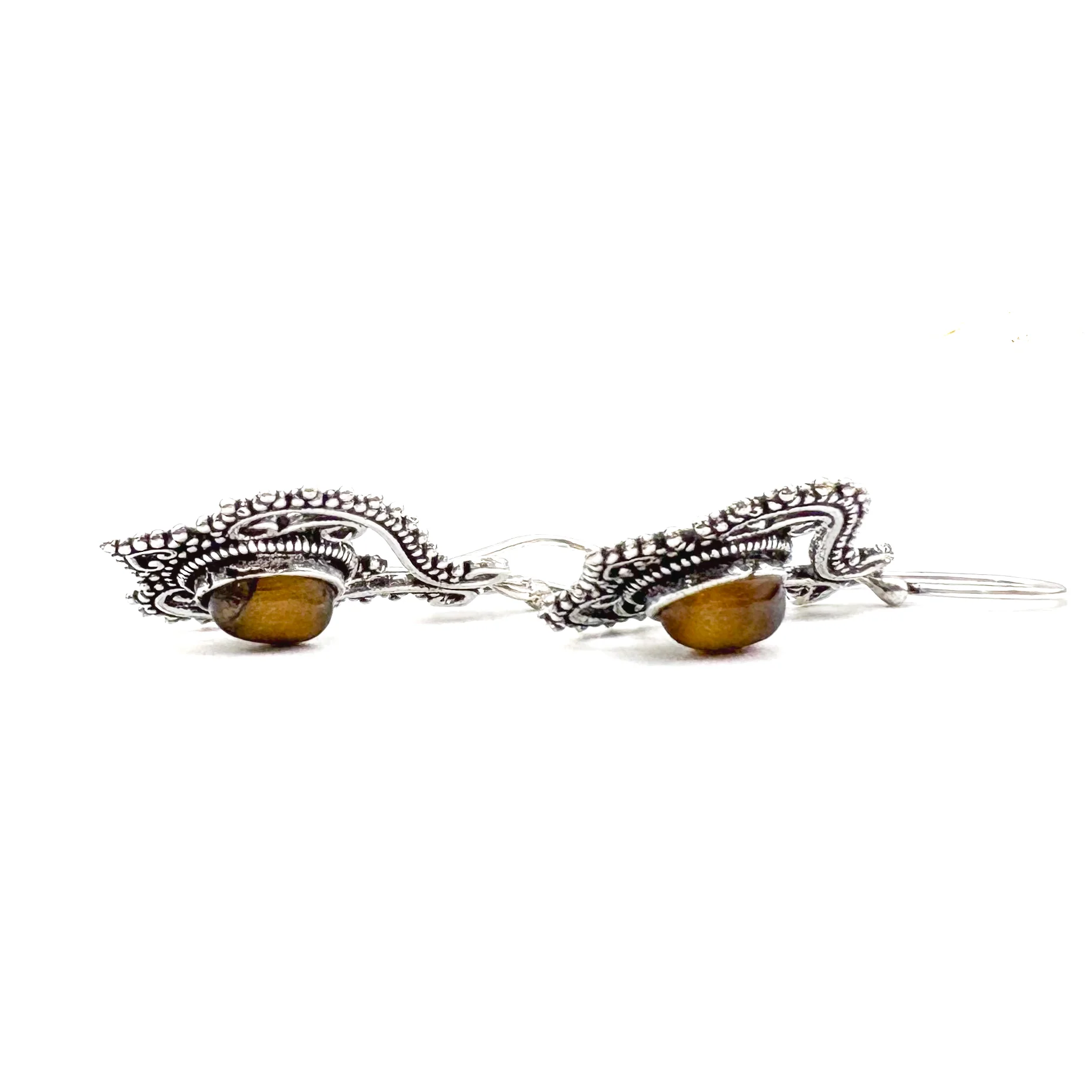 Tiger's Eye Heart Doily Lace White Brass Earrings - Image 9