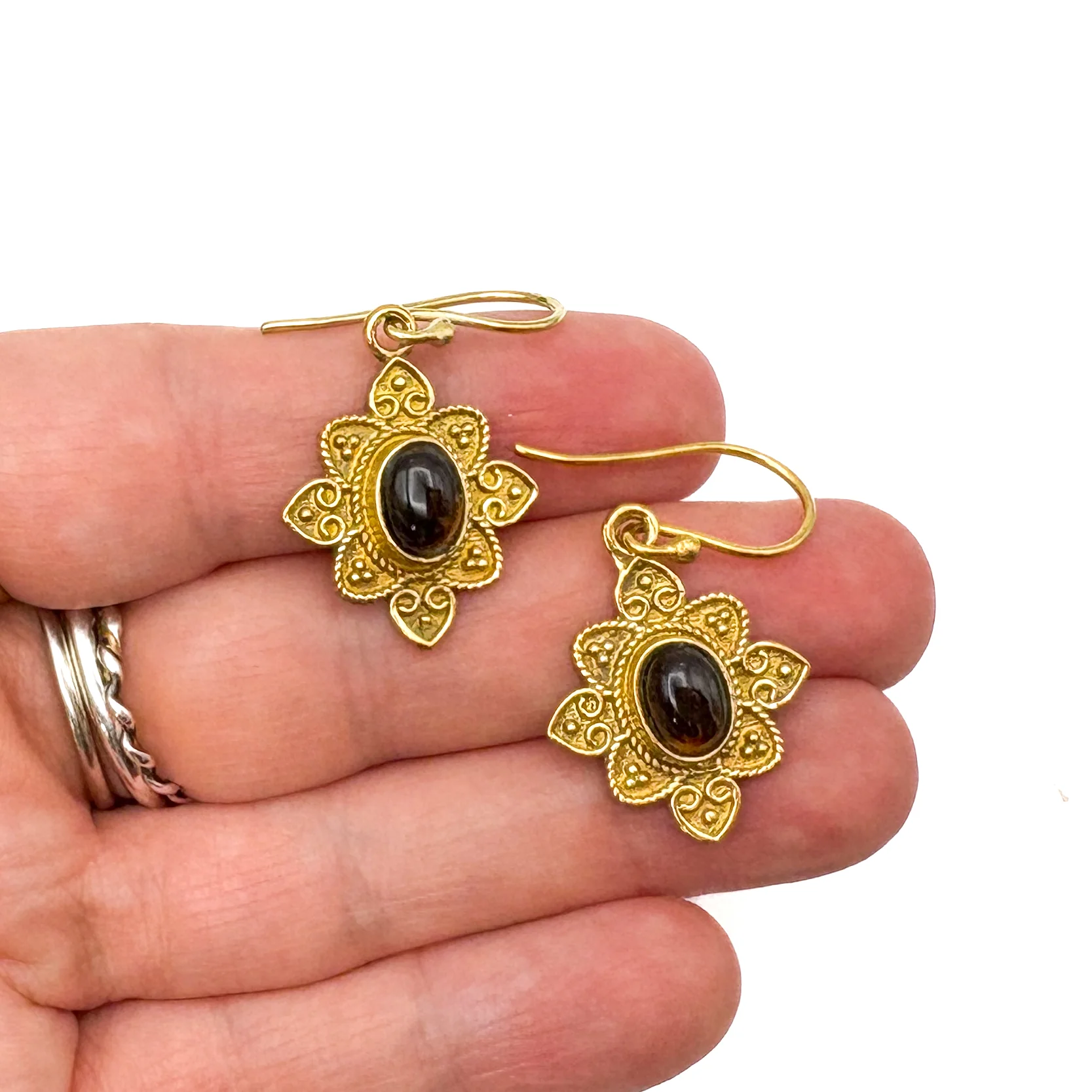 Tiger's Eye Heart Flower Brass Earrings - Image 11