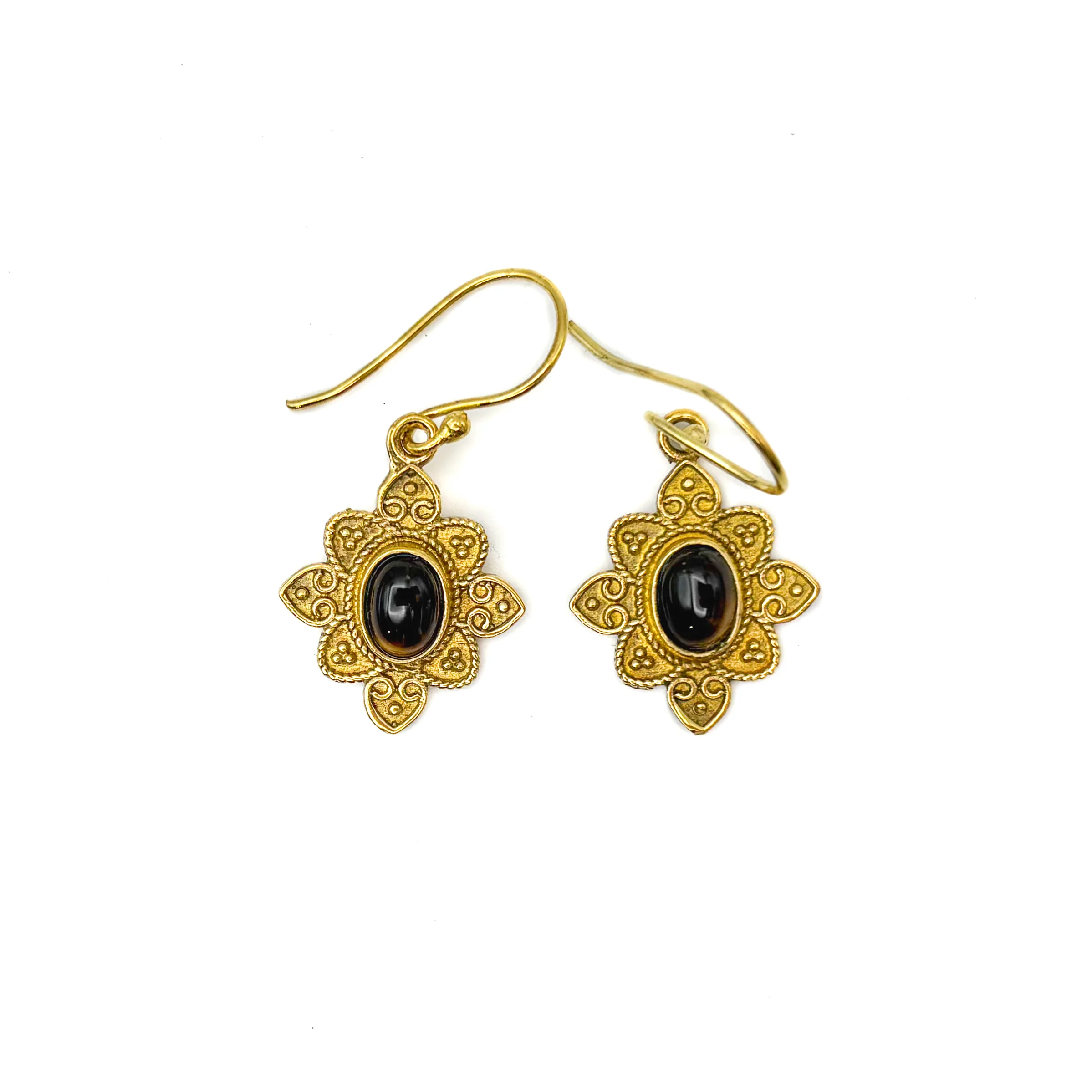 Tiger's Eye Heart Flower Brass Earrings - Image 3