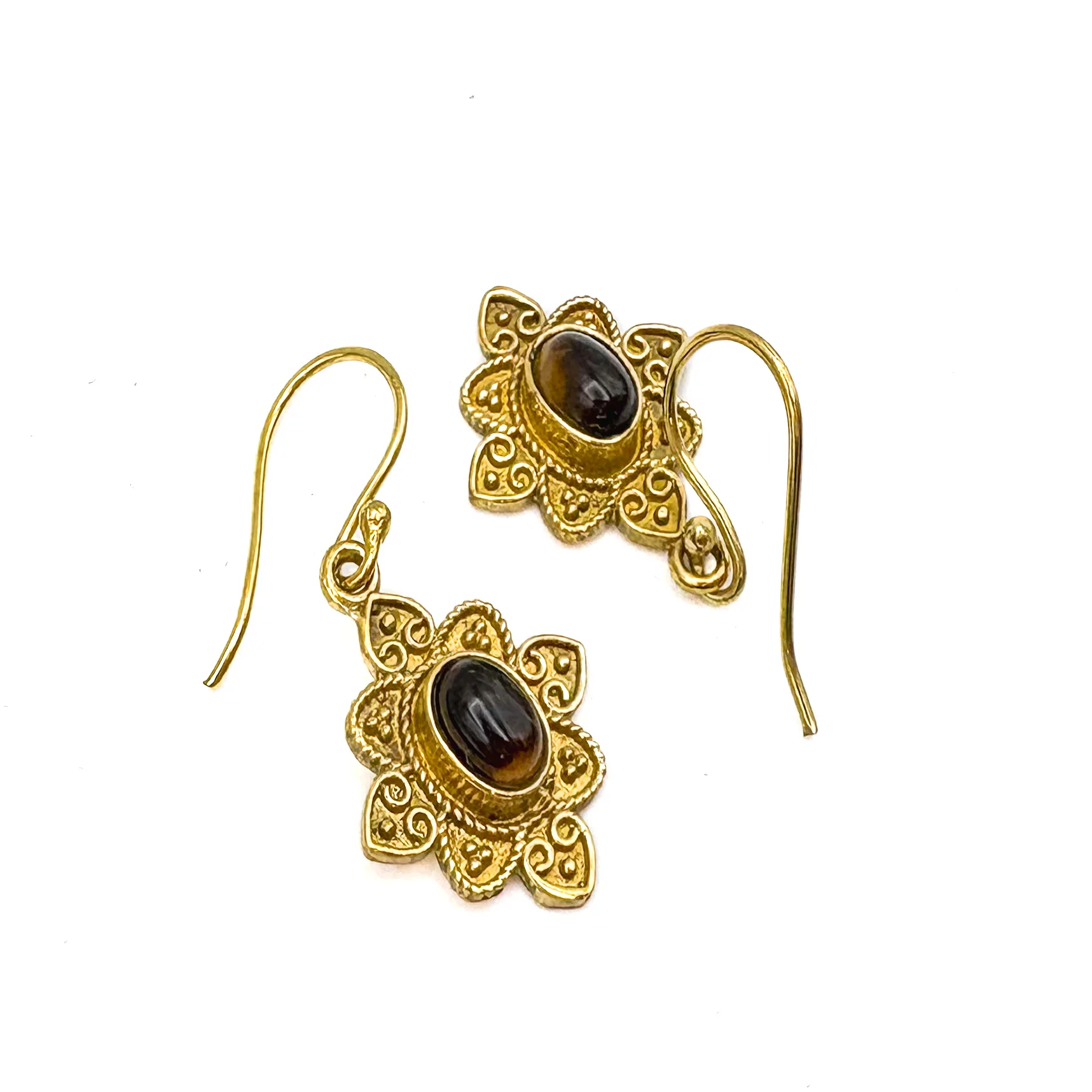 Tiger's Eye Heart Flower Brass Earrings - Image 7