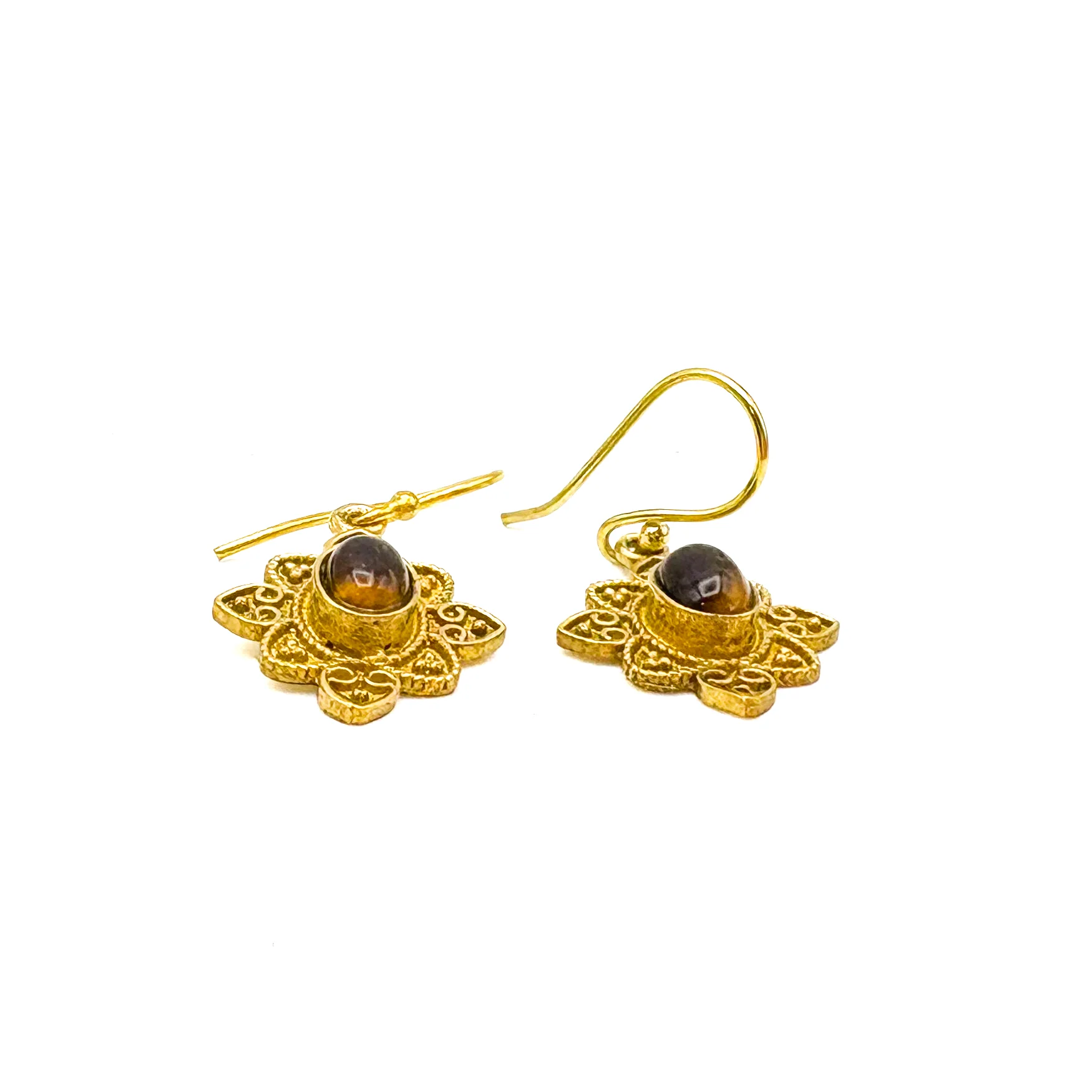 Tiger's Eye Heart Flower Brass Earrings - Image 8
