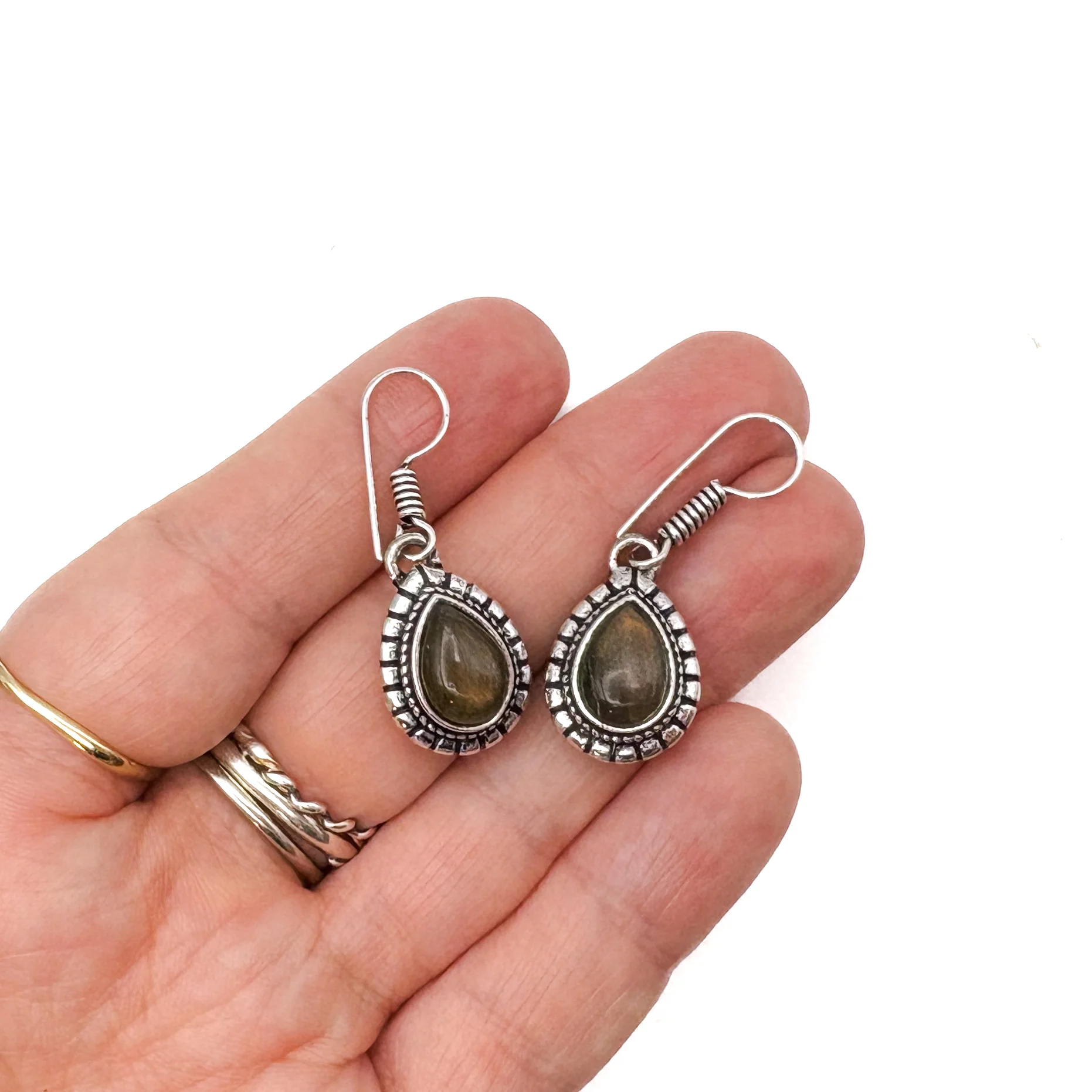Tiger's Eye Large Teardrop White Brass Earrings - Image 10