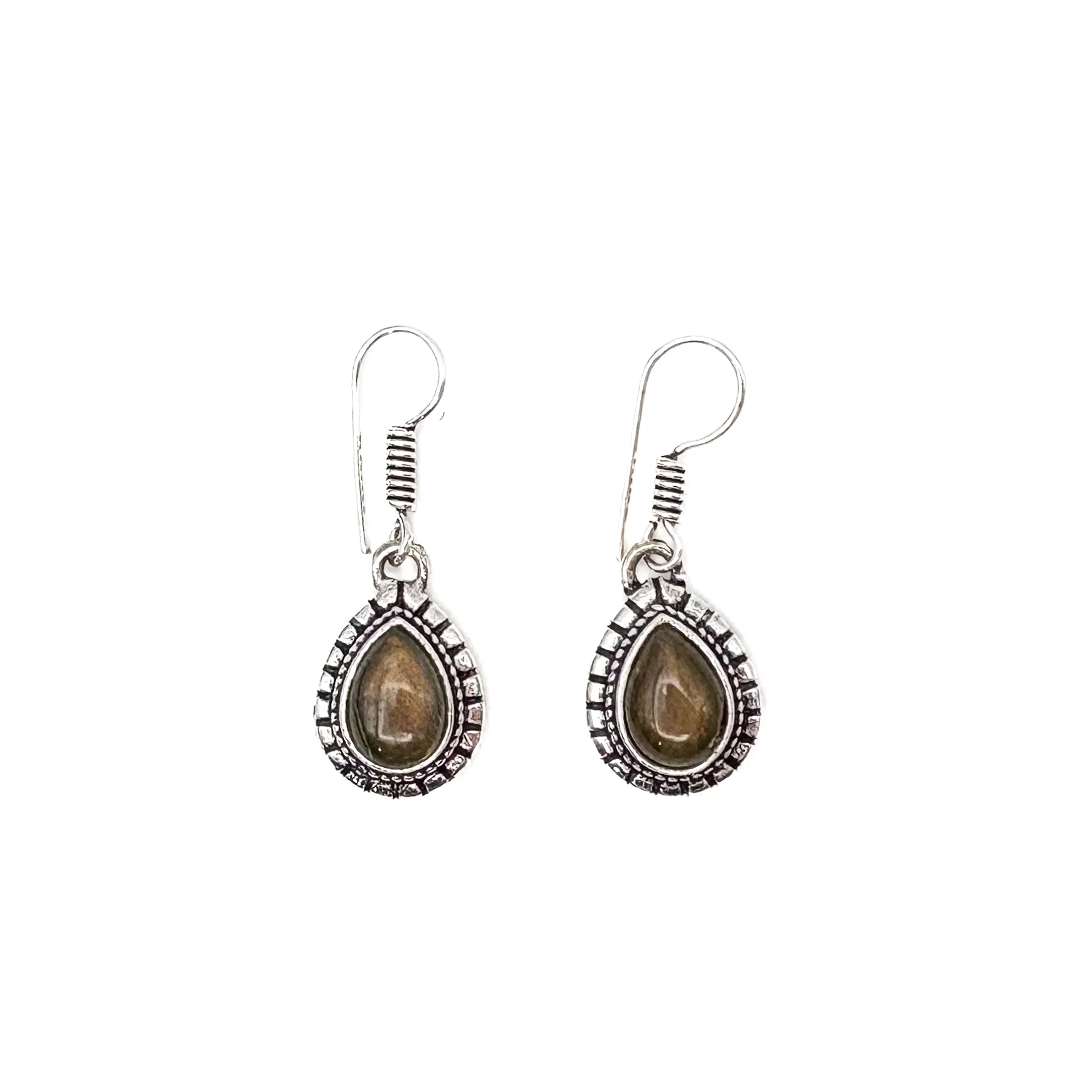 Tiger's Eye Large Teardrop White Brass Earrings - Image 2