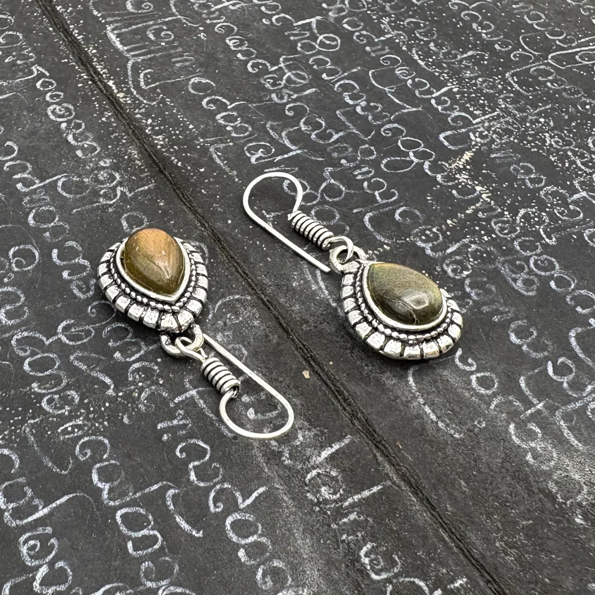 Tiger's Eye Large Teardrop White Brass Earrings - Image 3