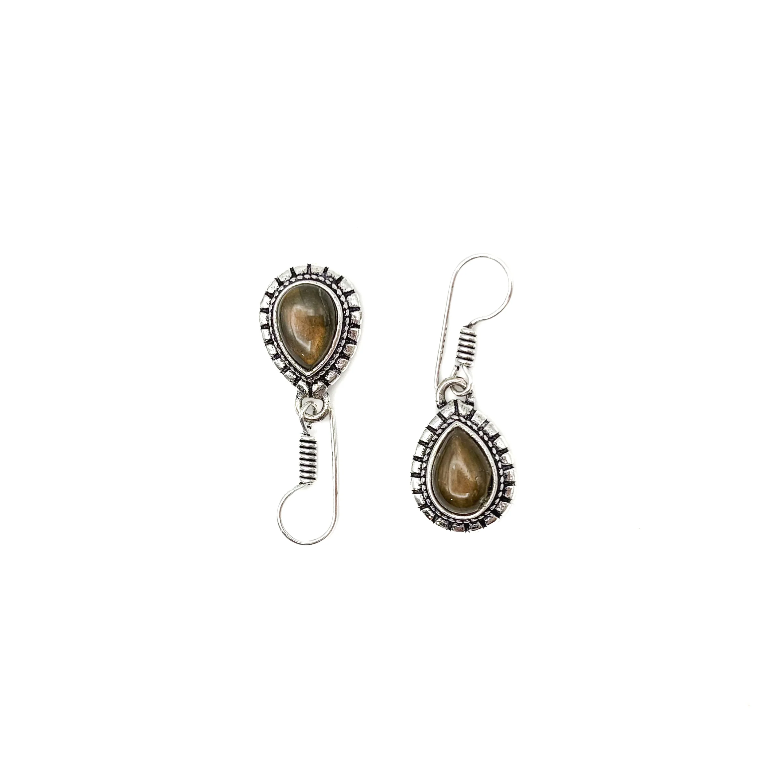 Tiger's Eye Large Teardrop White Brass Earrings - Image 4