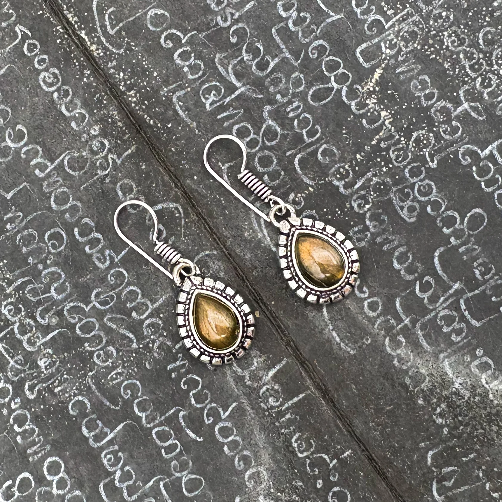 Tiger's Eye Large Teardrop White Brass Earrings - Image 5