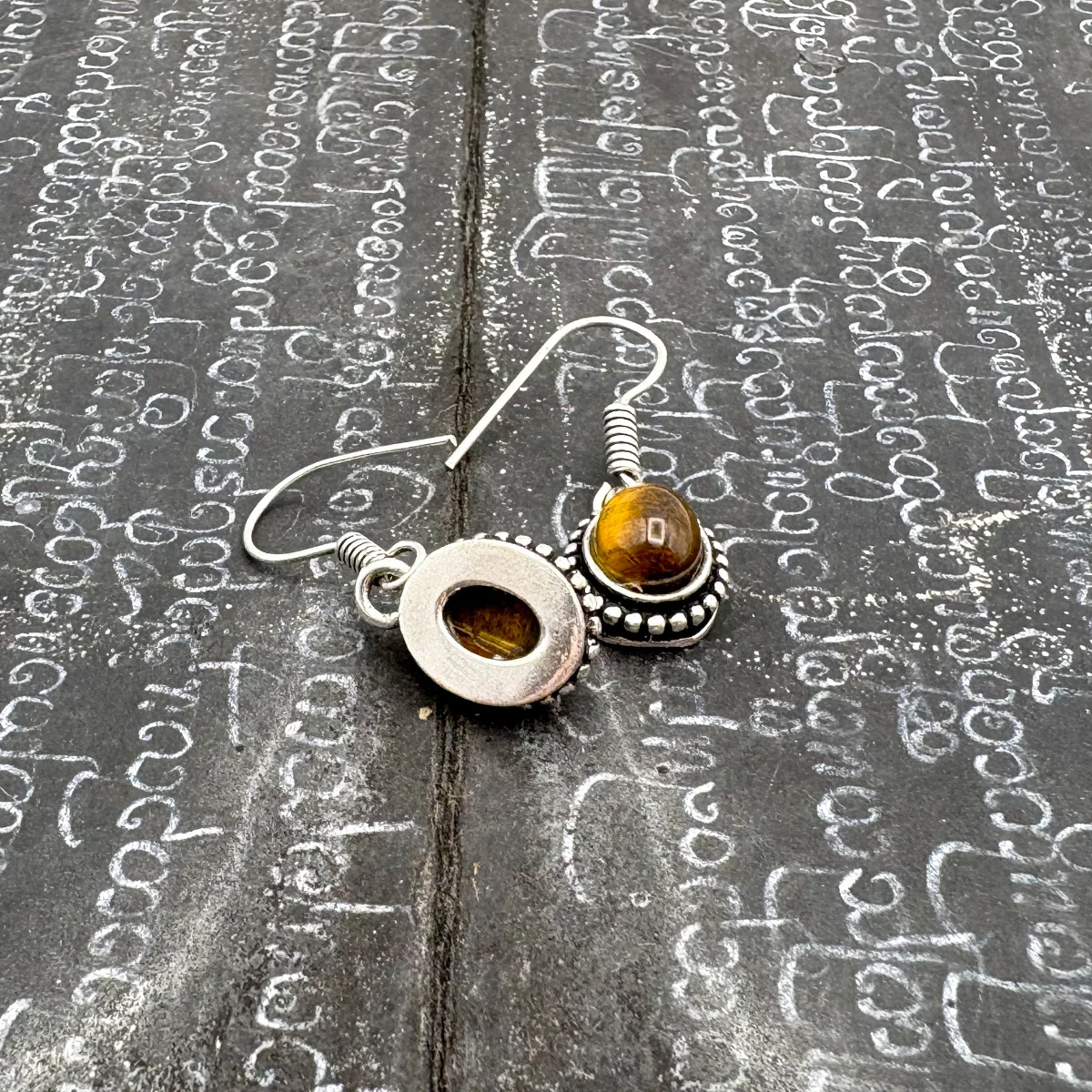Tiger's Eye Oval Dots White Brass Earrings - Image 11