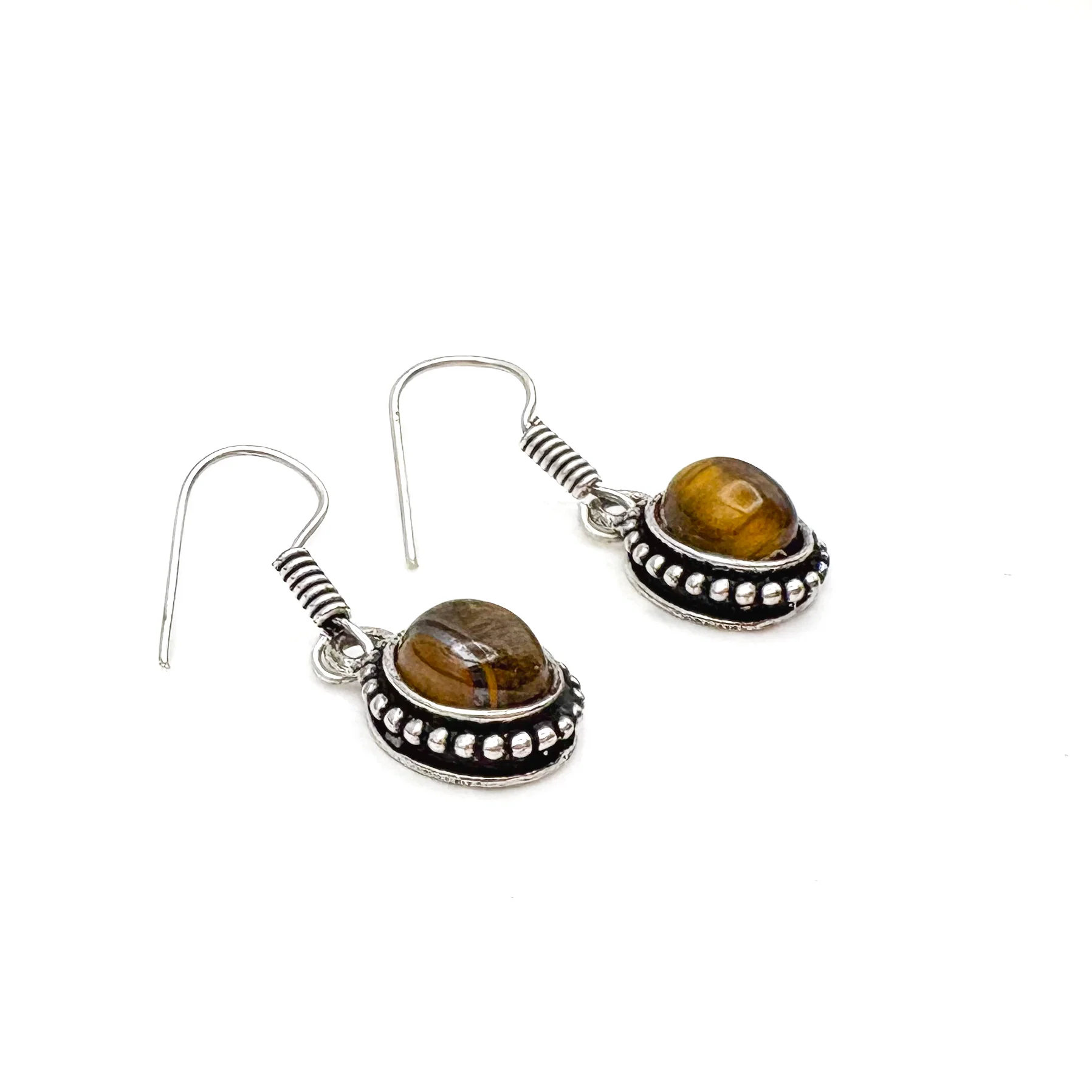 Tiger's Eye Oval Dots White Brass Earrings - Image 5