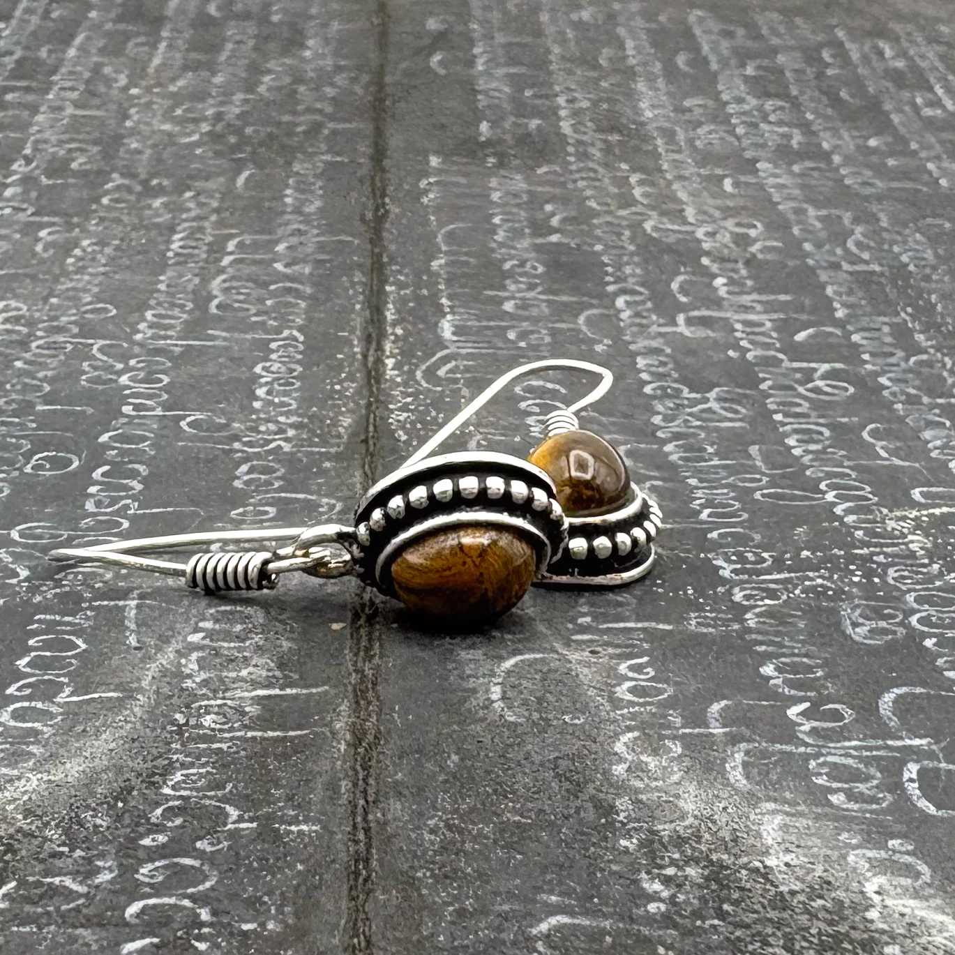 Tiger's Eye Oval Dots White Brass Earrings - Image 6