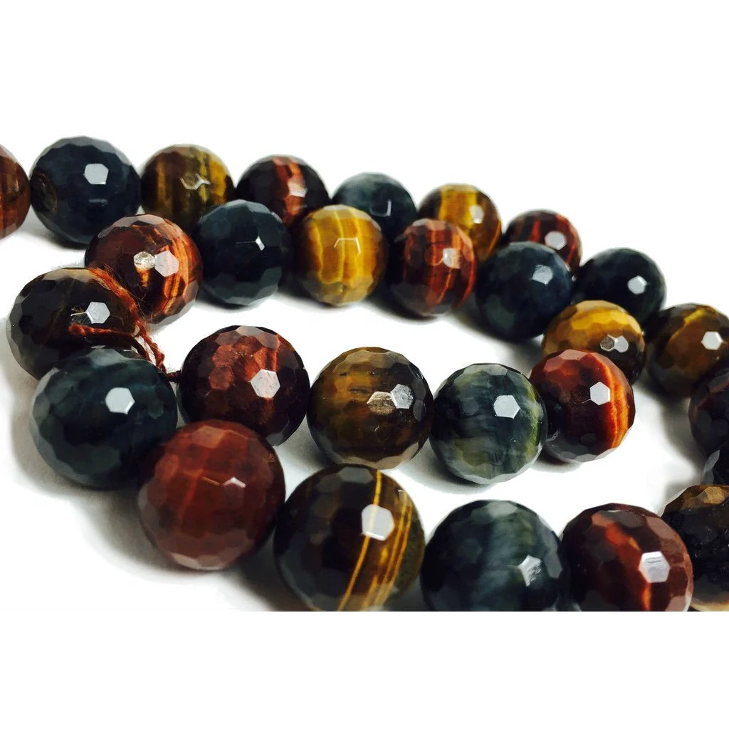Tiger's Eye Red, Golden and Blue Faceted 14mm Rounds Strand - Image 3