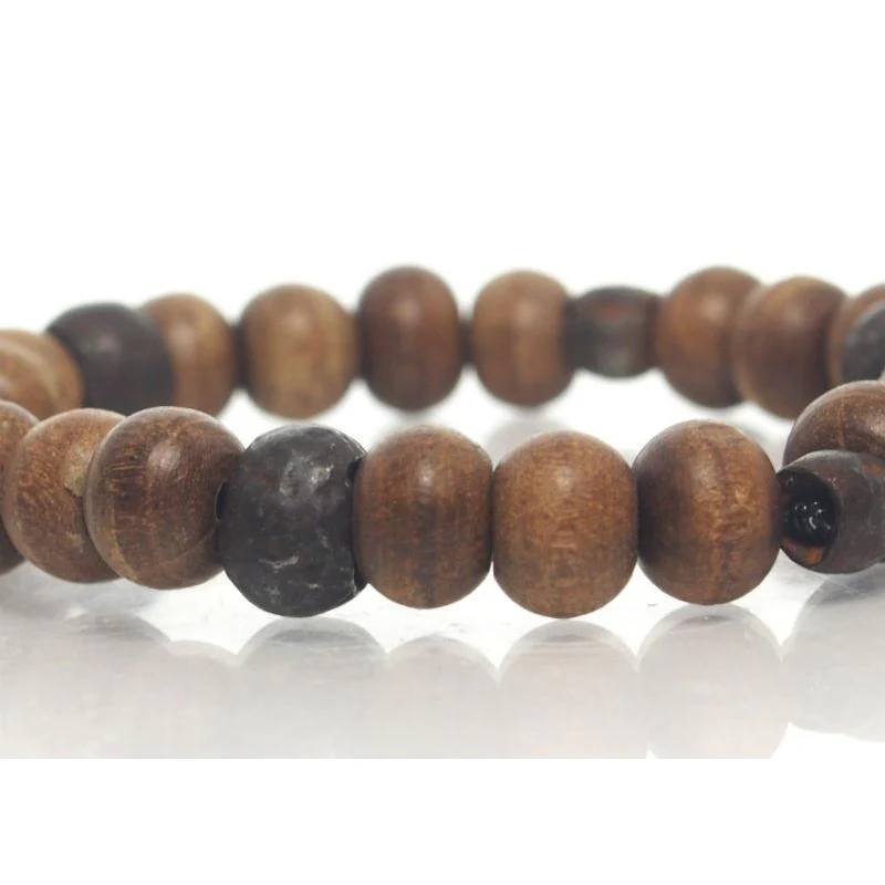 Tulsi Wood and Iron Bead Stretch Bracelet - Image 2
