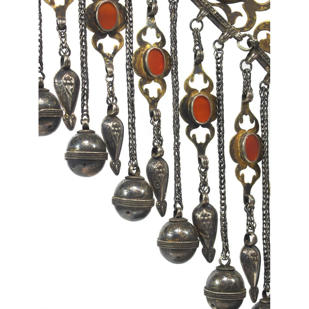 Turkmen Diamond Shape Antique Pendant with Bell Tassels-16 - Image 3