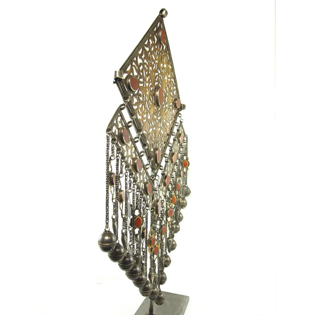 Turkmen Diamond Shape Antique Pendant with Bell Tassels-16 - Image 4