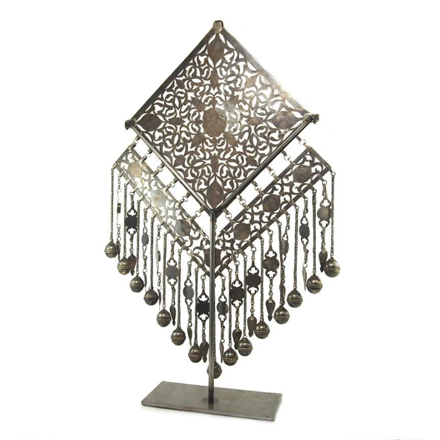 Turkmen Diamond Shape Antique Pendant with Bell Tassels-16 - Image 6