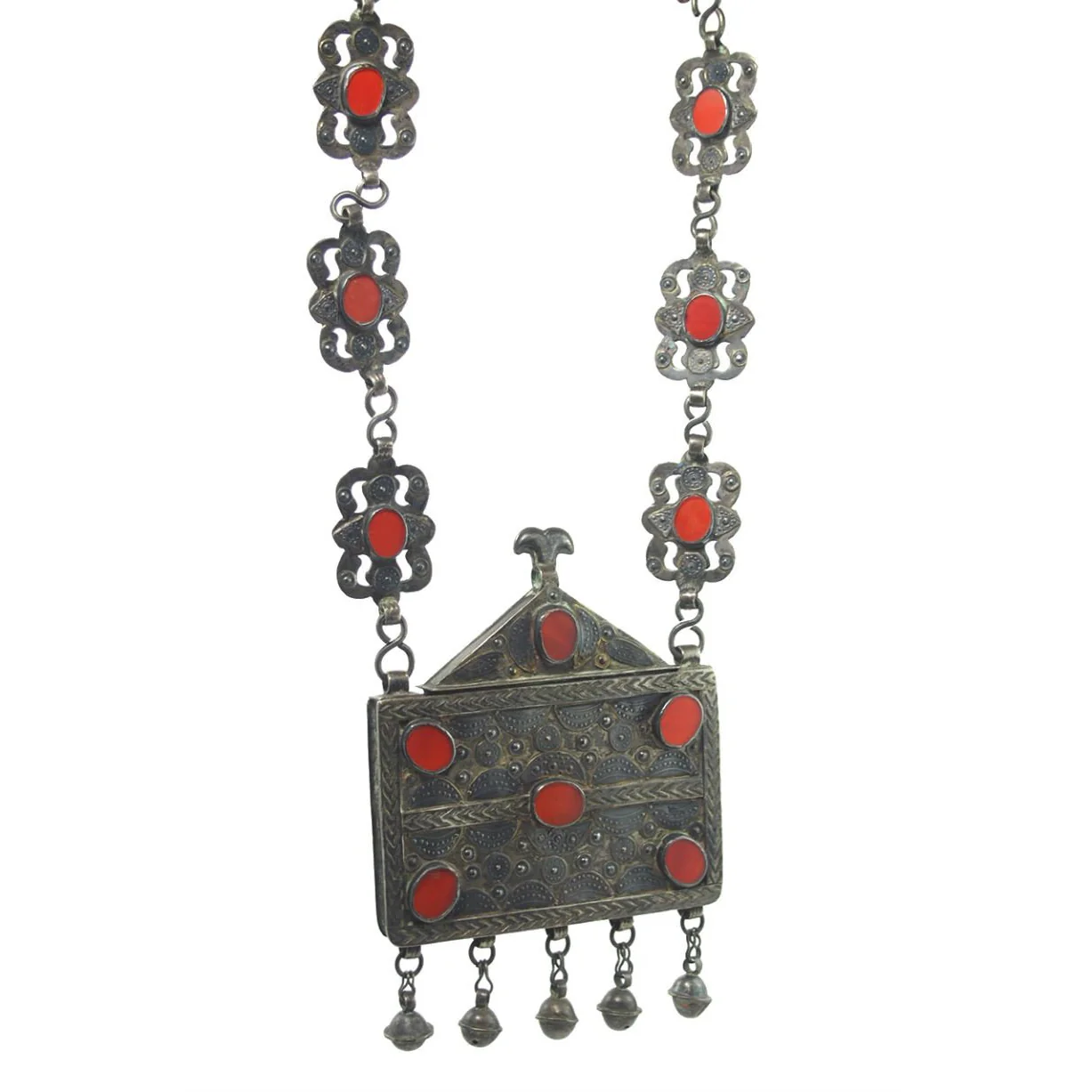 Turkmen Amulet Case Antique Necklace with Original Chain and Leather Strap-18 - Image 3