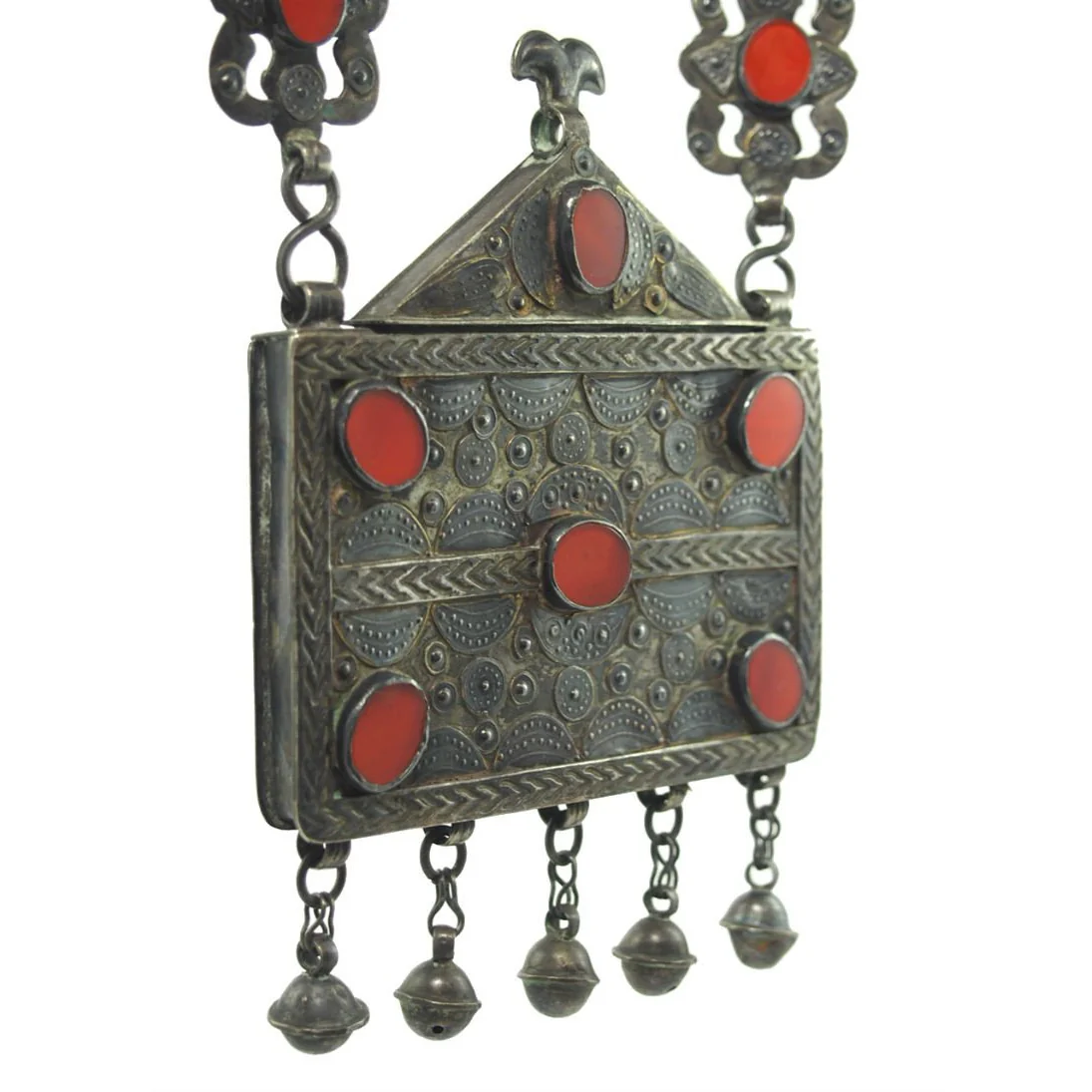 Turkmen Amulet Case Antique Necklace with Original Chain and Leather Strap-18 - Image 4