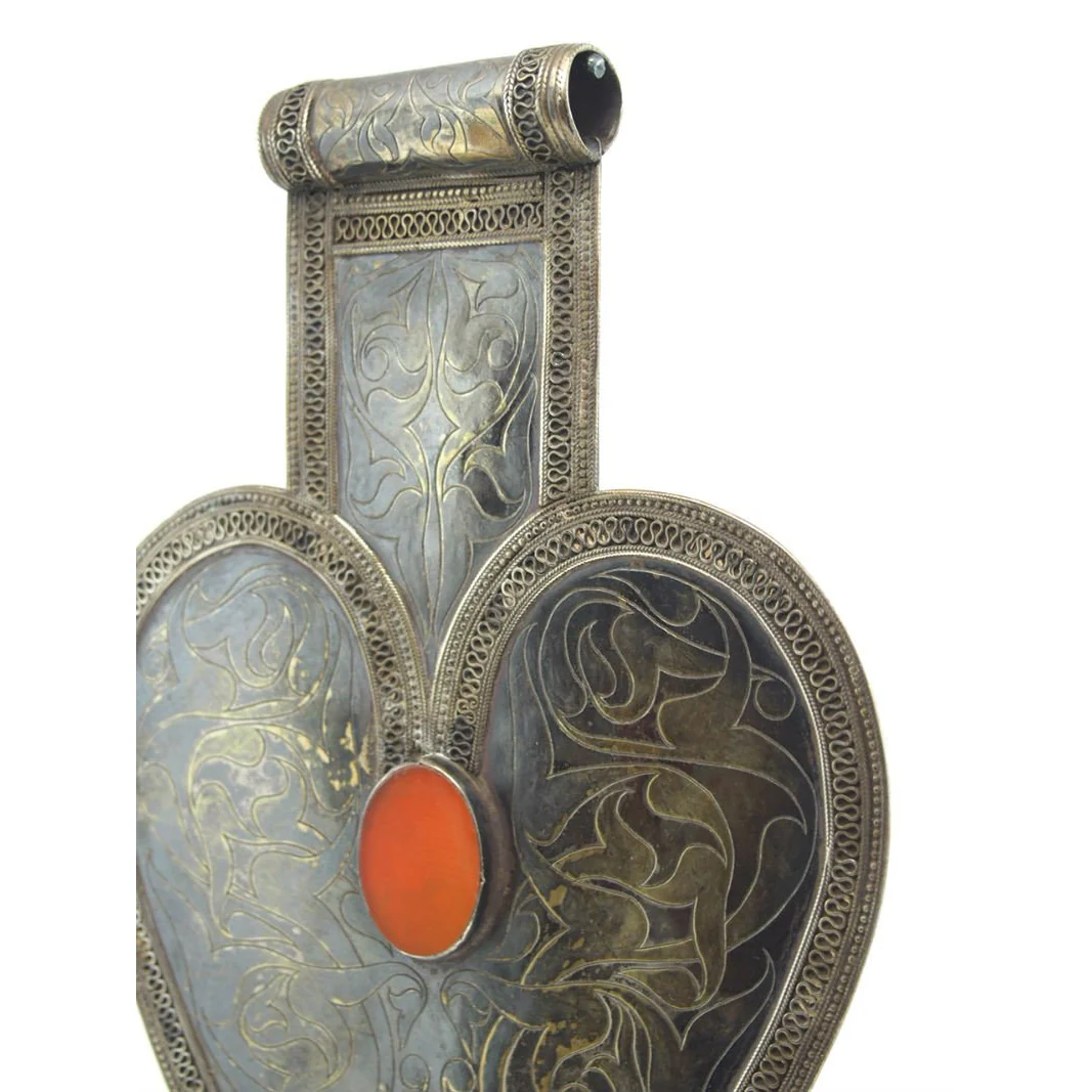 Turkmen "Black Silver" Floral Pattern Asyk Cordiform Heart Shape Antique Pendant-07 - Image 2