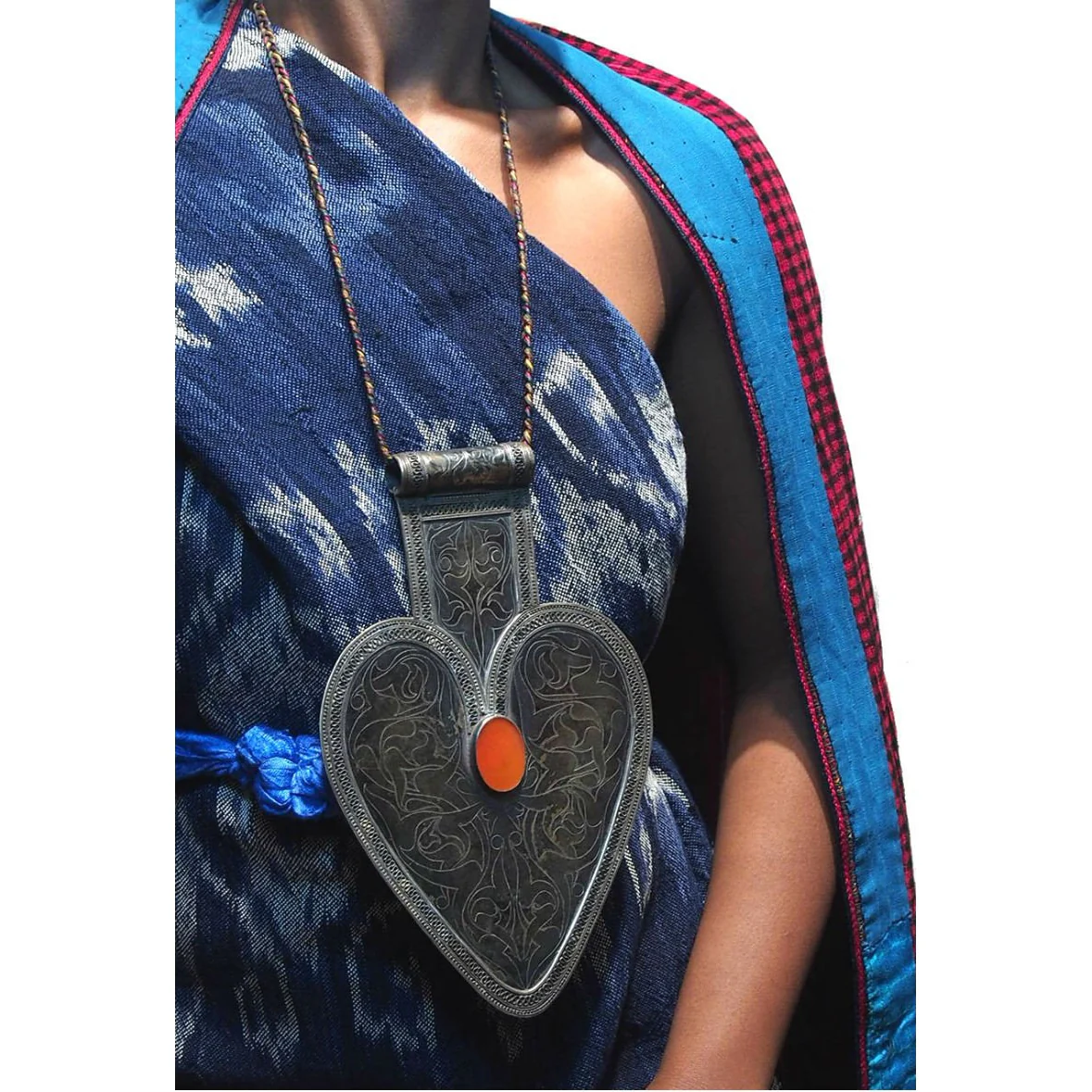 Turkmen "Black Silver" Floral Pattern Asyk Cordiform Heart Shape Antique Pendant-07 - Image 6