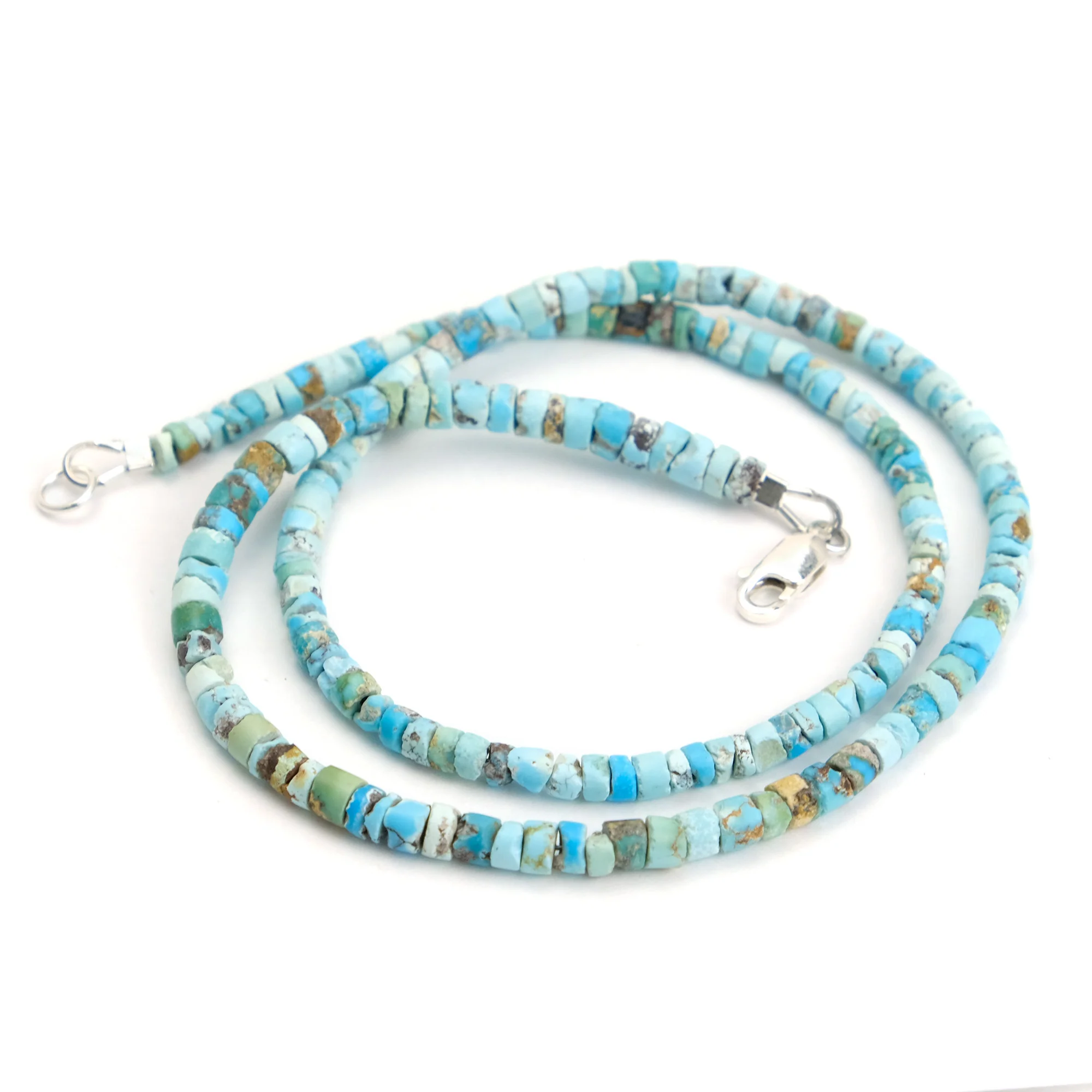 Turquoise 4mm Matte Tile Bead Necklace with Sterling Silver Lobster Clasp - Image 2