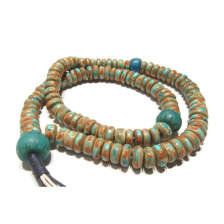 Turquoise and Coral Inlaid 13mm Yak Bone Mala with 18th Century Chinese Trade Beads - Image 3