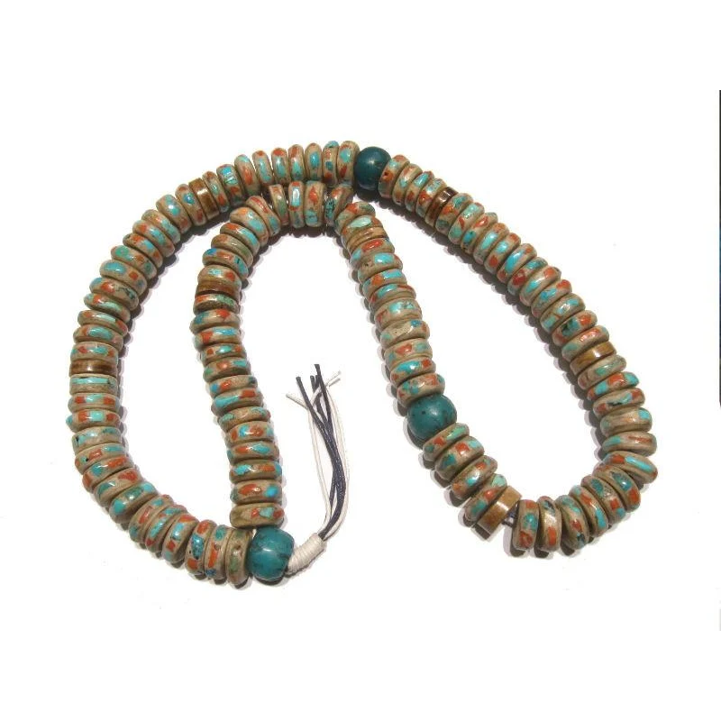 Turquoise and Coral Inlaid 22 MM Yak Bone Mala with 18th Century Chinese Trade Beads - Image 3