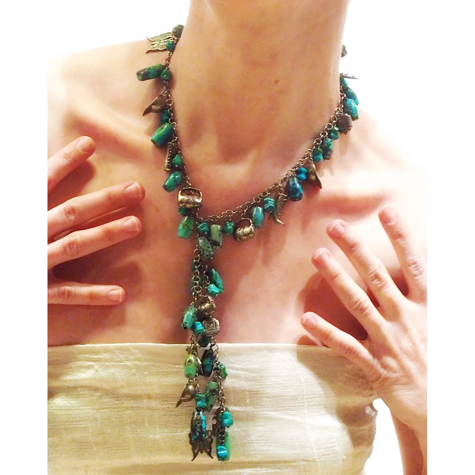 Turquoise and Sterling Silver Charm Chain "Y" Necklace - Image 2