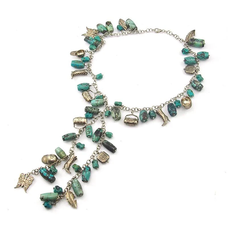 Turquoise and Sterling Silver Charm Chain "Y" Necklace - Image 3
