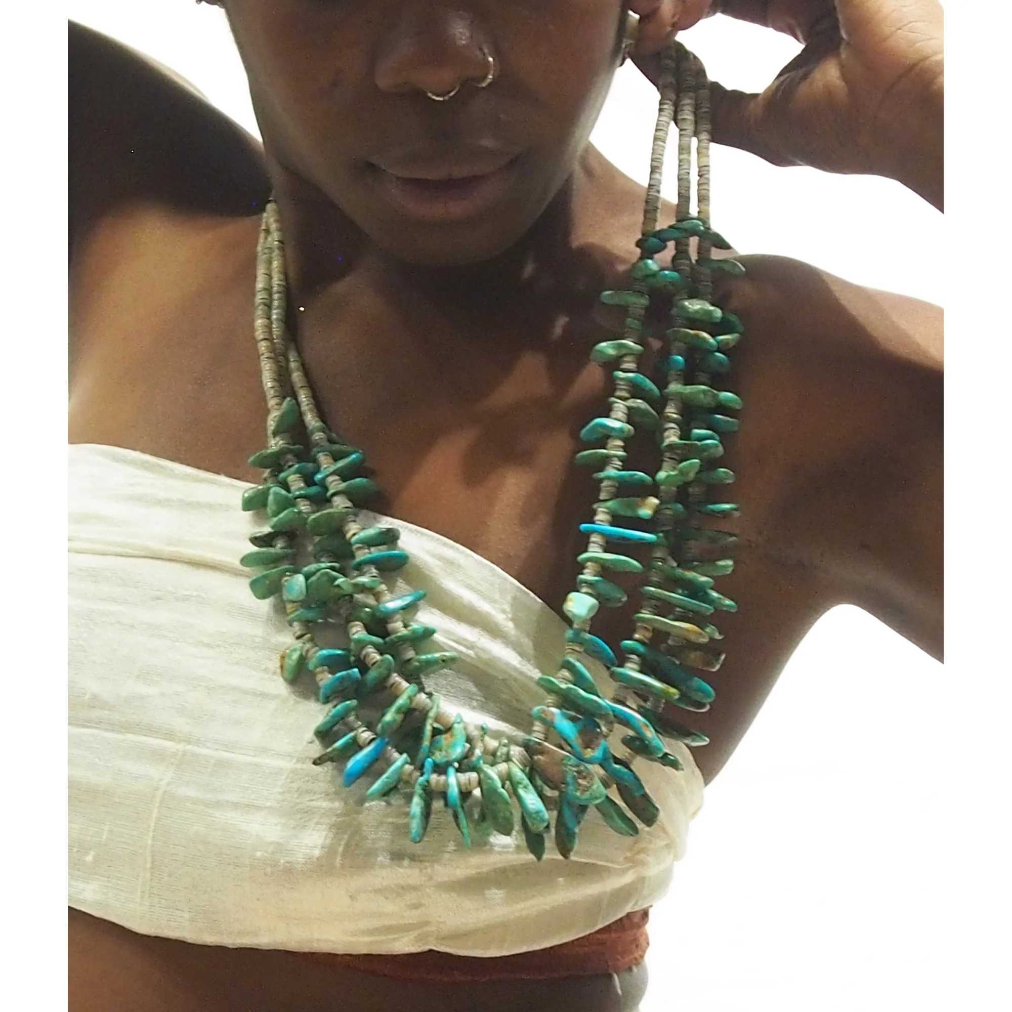 Native American Inspired Turquoise and Shell Three Strand Necklace - Image 3