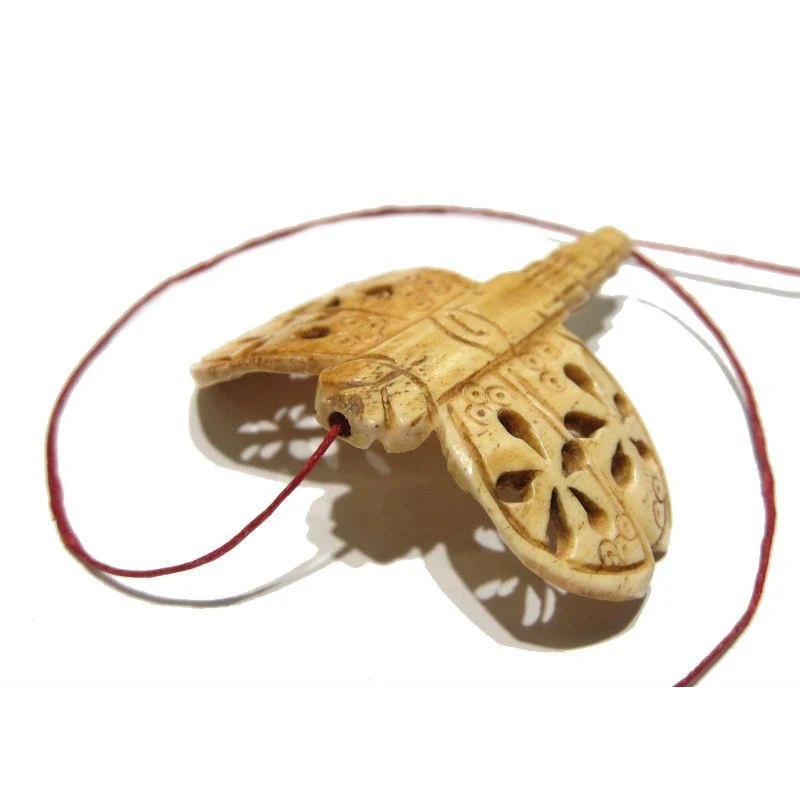 "Victory Dragonfly" Hand Carved Cow Bone Pendant Bead - Image 2