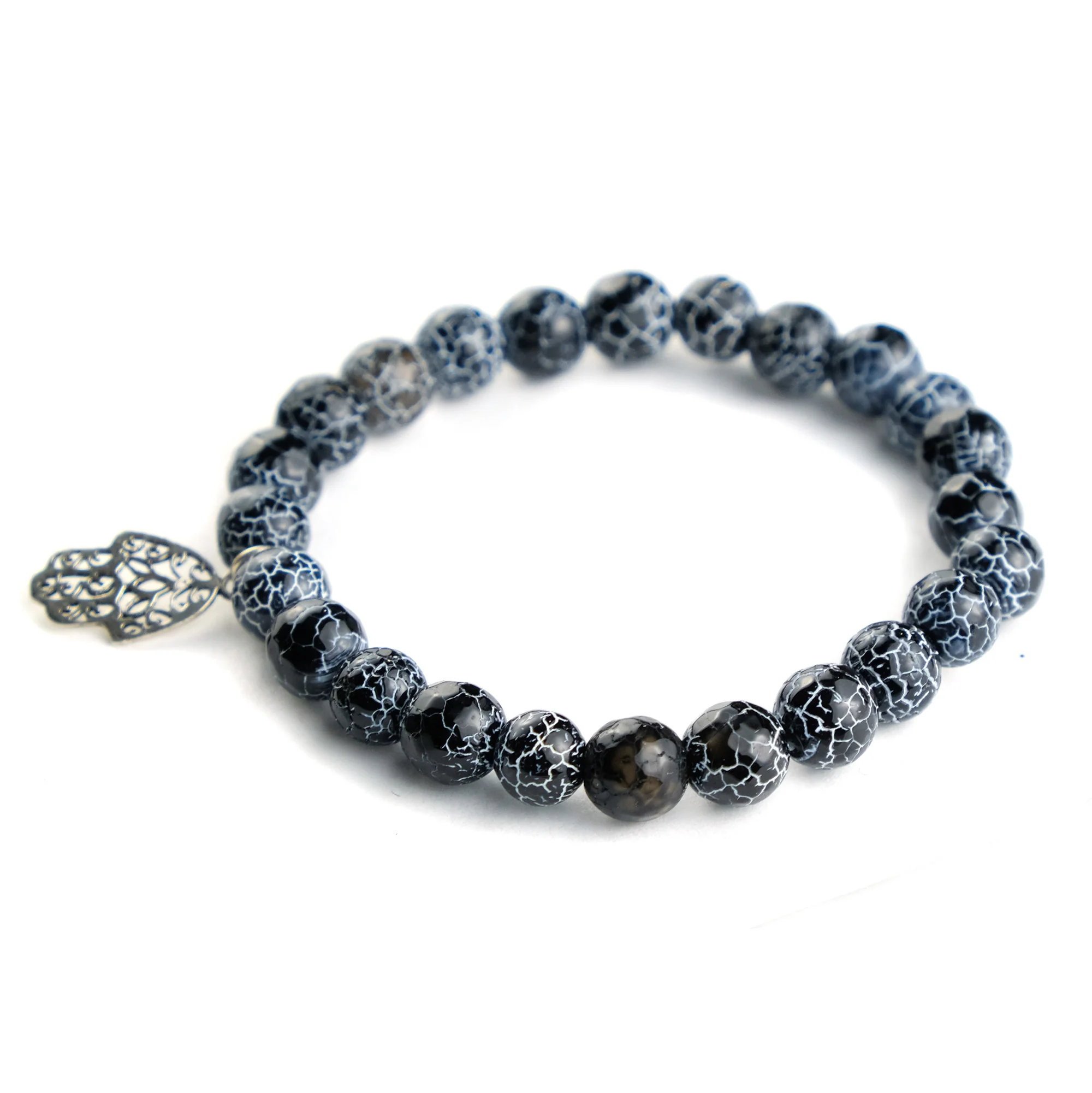Weathered Agate Stretch Bracelet with Sterling Silver Hamsa Charm - Image 2