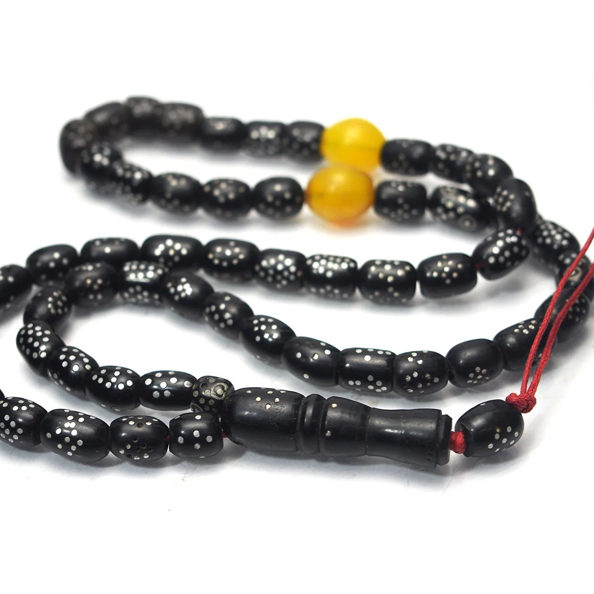 Yemen Heirloom Black Plastic Resin "Black Coral" Prayer Beads Hand Inlaid with Silver - Image 4