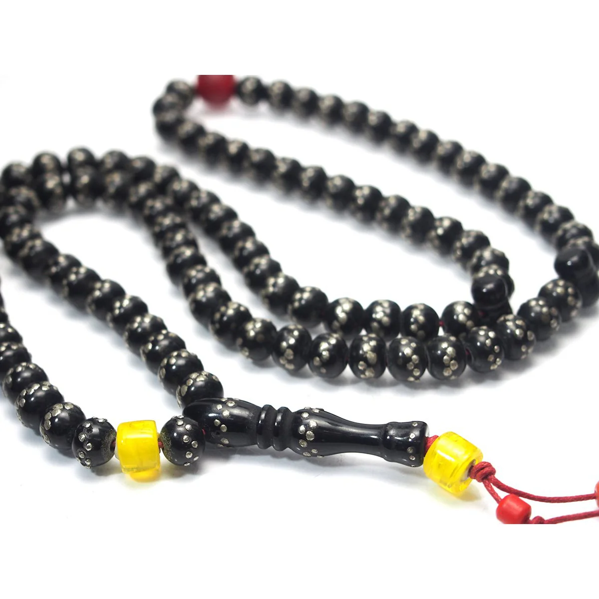 Yemen Heirloom Black Plastic Resin "Black Coral" Prayer Beads Hand Inlaid with Silver - Image 8