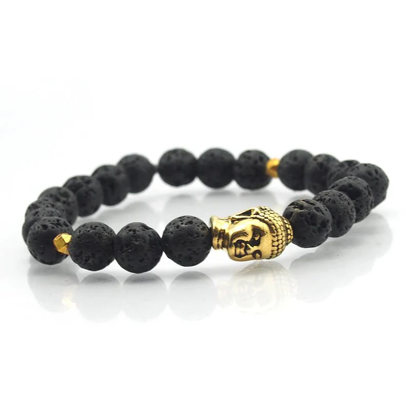 Lavastone and Gold Vermeil Beads Elastic Bracelet with Gold Plated Buddha Head - Image 2