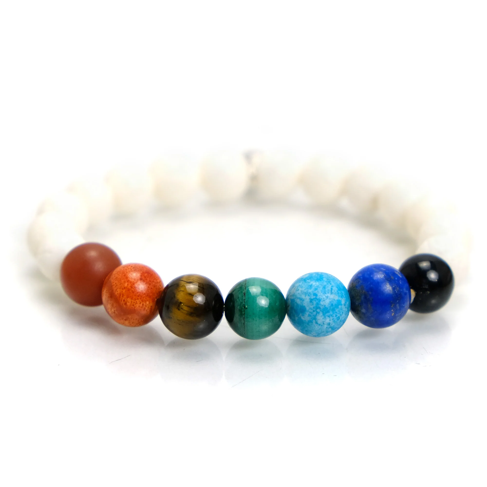 Semi-Precious Stone and White Coral Chakra Stretch Bracelet - Image 2