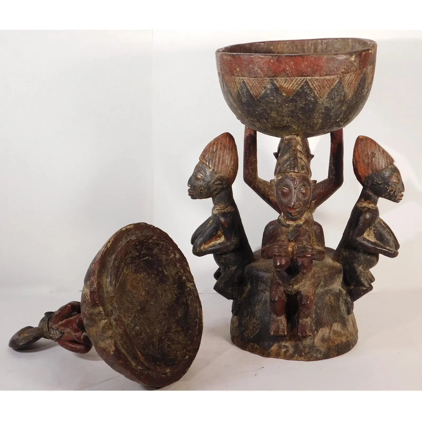 Yoruba Ceremonial Bowl With 5 Figures, Nigeria #1109 - Image 3